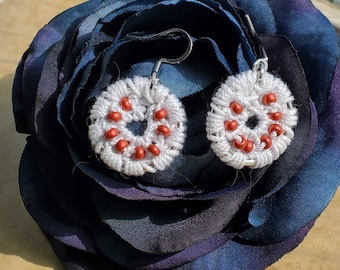 Round Crochet Earrings, Lava Red and White, Handmade