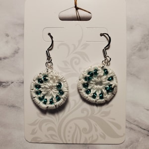 Crochet Earrings, Turquoise Crochet Loop Hook Earrings , Handmade, Glass Beads, Cotton