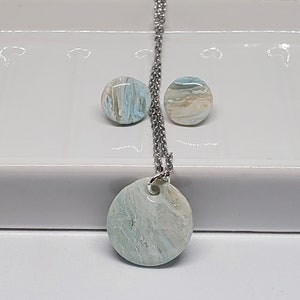 Polymer Clay Necklace Set, Necklace and Stud Earring Set, Blue Translucent Marble