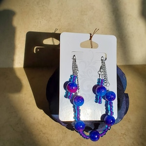 Beaded Jewelry Set, Blue and Purple Tie Dye Necklace and Earrings Set, Homemade, Glass Beads, Jewelry Set