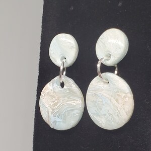 Polymer Clay Stud Earrings, Blue and Transparent Marble Circle Handmade Earrings