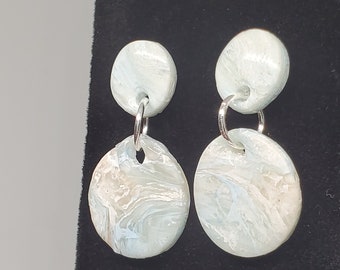 Polymer Clay Stud Earrings, Blue and Transparent Marble Circle Handmade Earrings