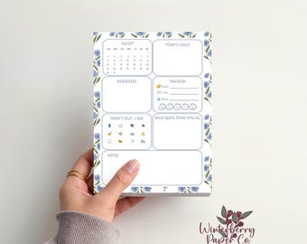 Blue Wildflowers Daily Reflection Notepad | Gratitude Journal | Self Care Planner | Wellness Tracker | Daily Gratitude | Handmade Stationery
