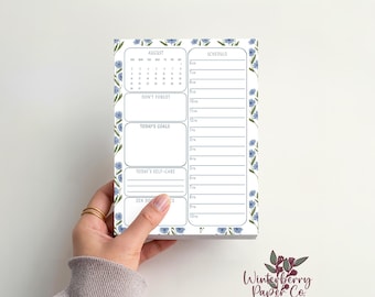 Blue Wildflowers Daily Planner Notepad | Monthly Daily Desk Pad | Handmade Floral Planner | Schedule & To Do List | 5.5x8.5 Planner