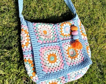 Crochet Blue Crossbody Bag, Orange Square Purse, Lined Bag, School Bag, College Bag, Book Bag, Trendy, Bohemian, Hippie, Gifts For Her