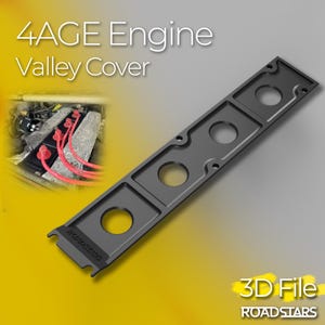 May include: A black 4AGE engine valley cover featuring four circular openings and the embossed text ROADSTARS. The image includes a smaller inset showing the cover installed on an engine with red spark plug wires and the text 4AGE Engine Valley Cover.