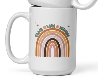 Teach Love Inspire Rainbow Teacher mug, Teacher gift, White glossy mug , back to school coffee mug, Teacher coffe mug