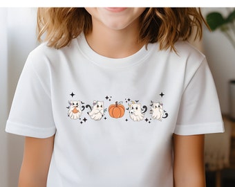 Halloween Kitten Ghost Youth tshirt,  kids Halloween shirt, cute Cat Halloween Shirt, Childrens Pumpkin tshirt, kitten autumn shirt