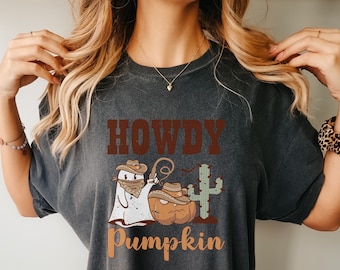 Comfort Colors Howdy Pumpkin Halloween Tshirt, Western Halloween, Cowboy Halloween, Camicia Autunno Autunno Halloween, Camicia Cute Cowboy Ghost