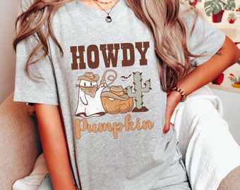 Maglietta di Halloween da cowboy, camicia di Halloween Howdy Pumpkin, Halloween occidentale, camicia di Halloween fantasma carino, regalo di Halloween