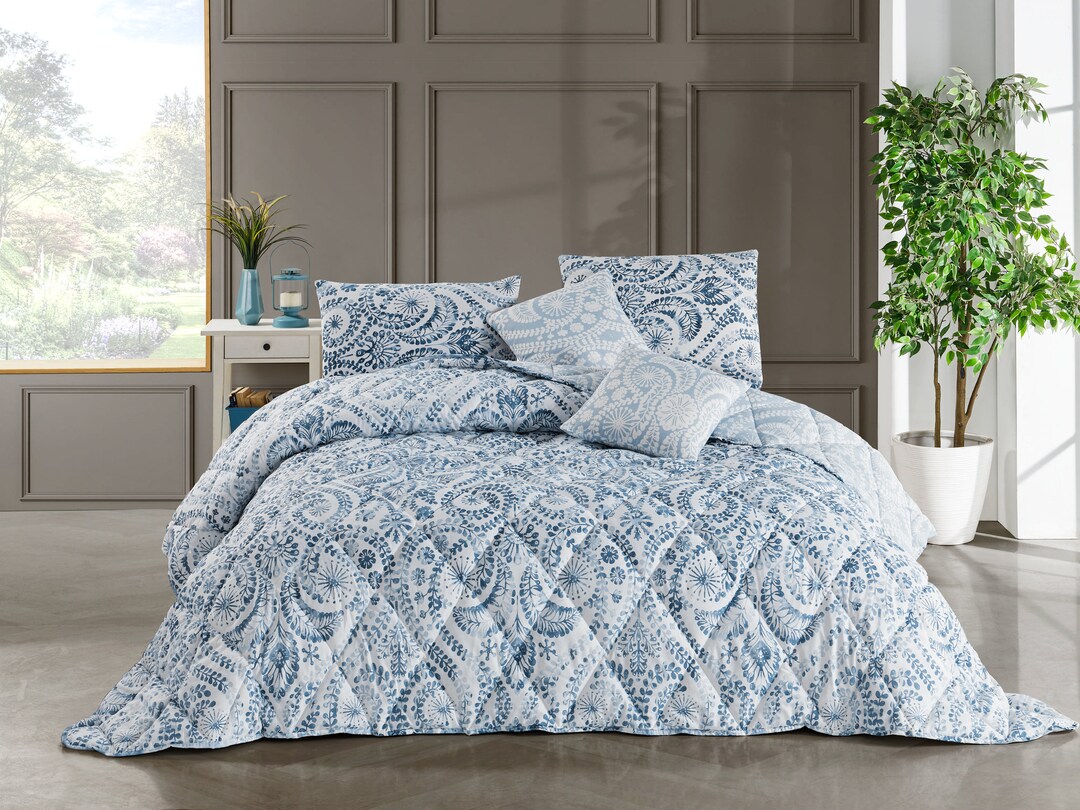 Handmade Cotton Comforter Set Sheet Set Blue Leaves 9 Etsy