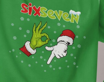 Six Seven Christmas PNG, 6 7 Meme Digital Download, Grinch Hand Santa Hand Clipart, Trendy Christmas PNG, Sublimation Design