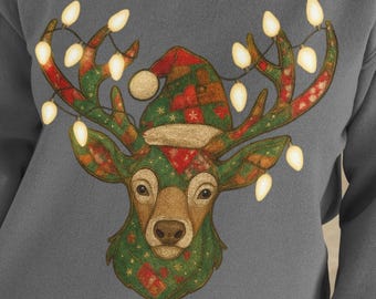 Patchwork Reindeer Christmas PNG SVG, Plaid Deer with Lights Clipart, Cozy Holiday Sublimation, Vintage Christmas Cut File for Cricut