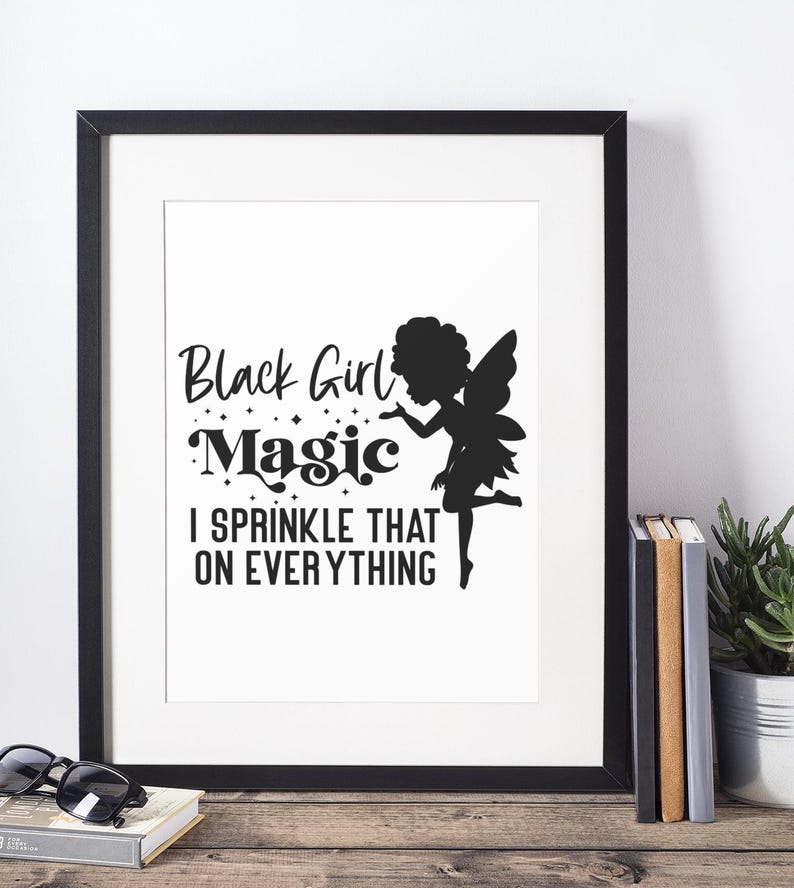 Black Girl Magic PNG design featuring an afro fairy silhouette with sparkling accents and the phrase ‘I Sprinkle That on Everything’ — sublimation digital download for shirts, mugs, and tote bags