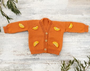 Baby Orange Knit Cardigan | Orange appliqued Cardigan  | Hand Knitted Cardigan |  Knit Sweater Baby | Baby Orange Sweater