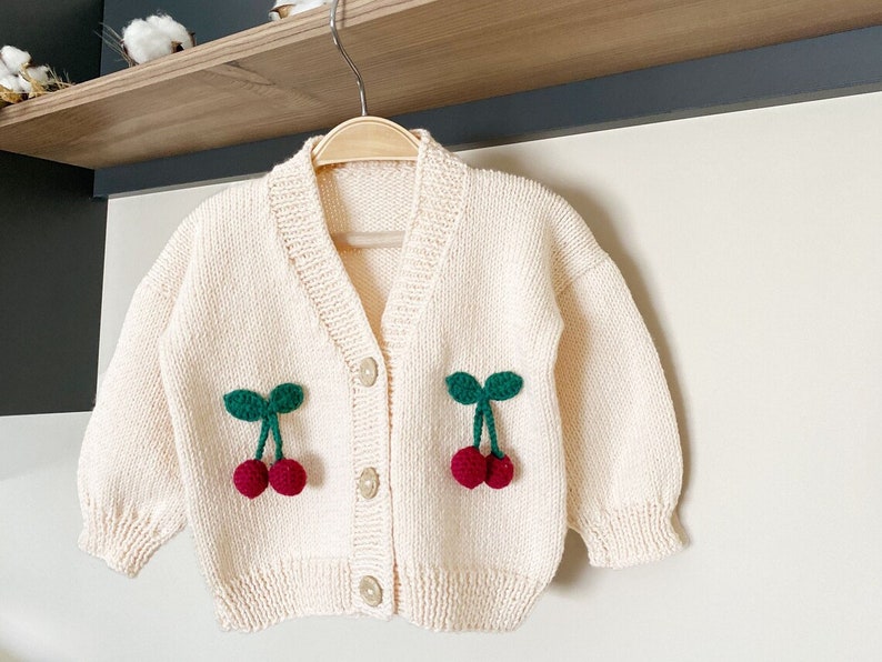 Hand-Knit Cherry Baby Cardigan / Organic Cotton image 2