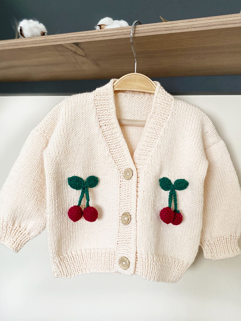 Hand-Knit Cherry Baby Cardigan / Organic Cotton image 7