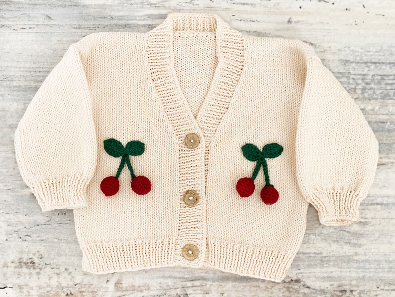 Hand-Knit Cherry Baby Cardigan / Organic Cotton image 1