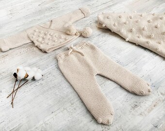 Organic Cotton Knit Baby Outfit: Popcorn White Newborn Set