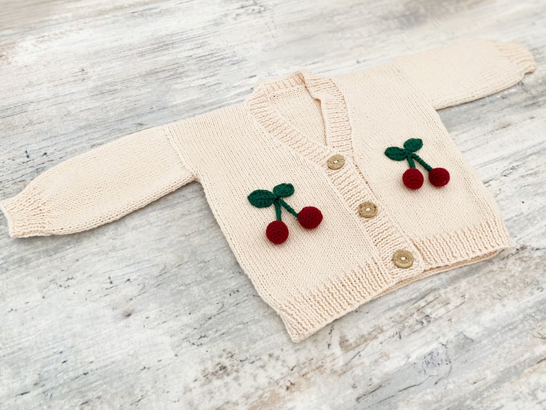 Hand-Knit Cherry Baby Cardigan / Organic Cotton image 6