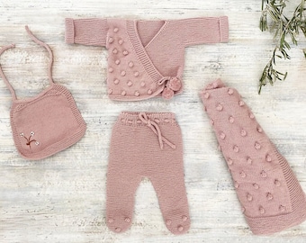 Baby Essential Set | Popcorn Pink Baby Outfit | Knitted Baby Clothes | Newborn Hospital Set | Organic Handmade Baby Outfits | Organic Cotton