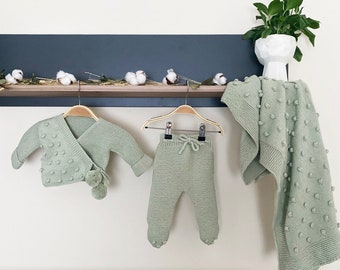 Baby Essential Set | Popcorn Green Baby Outfits |  Knitted Baby Clothes | Newborn Hospital Set | Handmade Baby Outfits  | Oraganic Cotton