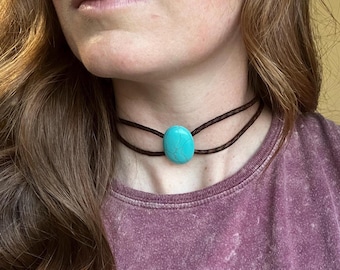 Gargantilla vaquera vaquera turquesa estilo western / Joyería western rústica con cordón trenzado / Collar bohemio campestre para mujer