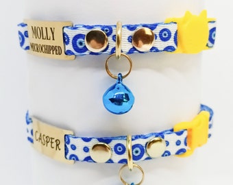 Cat Collar With Evil Eye Pattern And Bell -  Breakaway/Non breakaway collar- Personalized Cat Collar - Metal ID Tag