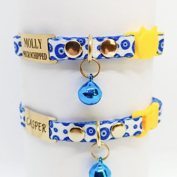Cat Collar With Evil Eye Pattern And Bell -  Breakaway/Non breakaway collar- Personalized Cat Collar - Metal ID Tag