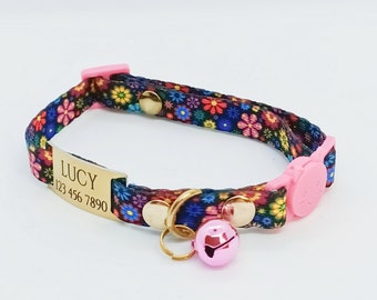 Cat Collar With Flower Pattern AND Id Tag - Cat collar -  Breakaway/Non breakaway collar- Personalized cat collar -Metal ID tag