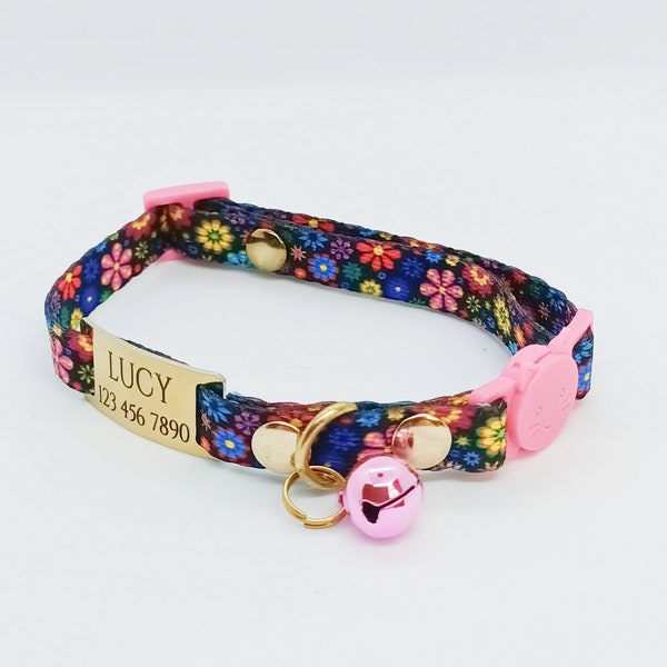 Cat Collar With Flower Pattern AND Id Tag - Cat collar -  Breakaway/Non breakaway collar- Personalized cat collar -Metal ID tag