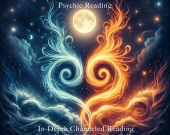 May include: A digital illustration of a twin flame psychic reading. The image features a swirling blue and orange flame against a dark blue starry sky with a full moon. The text "Twin Flame Psychic Reading" is at the top of the image and the text "In-Depth Channeled Reading from the Twin Flame Specialist" is at the bottom of the image.