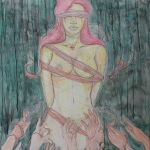 May include: Watercolor painting of a nude figure with pink hair and a blindfold, bound with ribbons. The figure is surrounded by hands reaching out. A banner above reads "Pulchritudo Maledictum". The background is a mix of green and black.