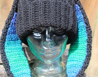 Bunny Beanie Crochet, Bunny Hat Long Ear Ombre Turquoise Green