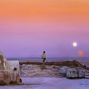 May include: An oil painting depicting a desert landscape with a domed structure in the foreground and a lone figure standing on a sandy dune. The sky transitions from orange to purple, featuring two suns on the horizon. Signed Stephen Van Dorn.