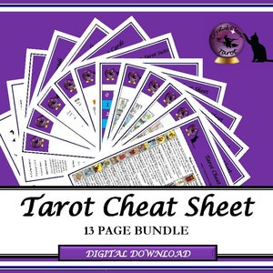 Guide complet de l'aide-mémoire sur le tarot, lot de 13 pages, mots-clés majeurs et mineurs, cartes du tribunal, combinaisons de tarot, éléments, numérologie, jeux de tarot. image 1