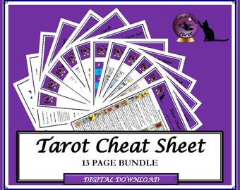 Tarot Cheat Sheet complete guide, 13 page bundle, Major & Minor keywords, Court cards, Tarot suits, Elements, Numerology, Tarot spreads.