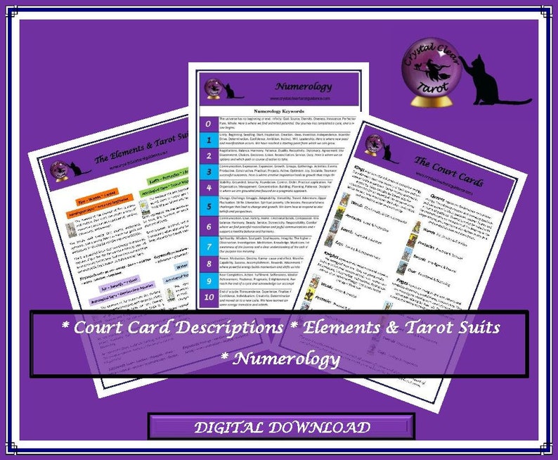 Tarot Cheat Sheet complete guide, 13 page bundle, Major & Minor keywords, Court cards, Tarot suits, Elements, Numerology, Tarot spreads. image 3