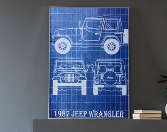 1987 Jeep Wrangler, Jeep Wrangler, Jeep, Blueprint Art, Wall Decor, Jeep Blueprint, Origineel, Cadeau, Wall Art Print, Jeep Lover