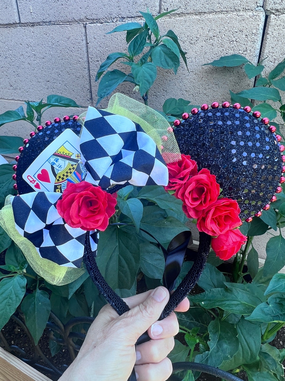 Unique Handmade Minnie Mouse Ears Queen of Hearts Insp Alice in Wonderland Sequi Queen of Hearts Ears, Mickey Ears, Halloween Mouse Ears  main image 3