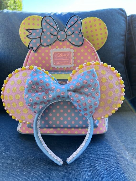 Disney Pink and Black Ears Headband with Blue Polka Dot Bow Disney Parks Minnie Mouse Navy Blue Polka Dot Ears Pink  main image 4