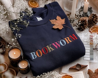 Bookworm Embroidered Sweatshirt | Bookish Oversized Jumper | Cosy Reading Sweater | Gift for Book Lover | Unique Gift for Readers