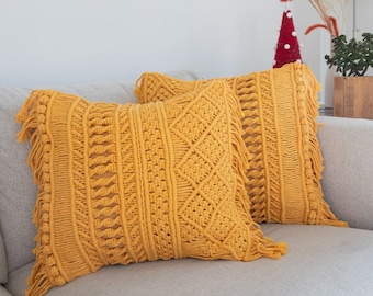 Macrame Cushion Cover // Macrame Pillow Cover // Yellow Macrame Boho Pillow Cover