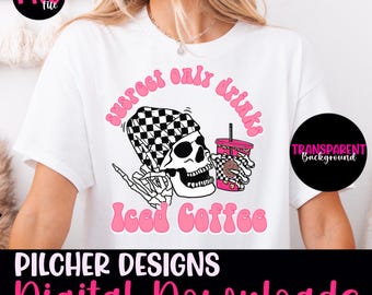 Sospechoso solo bebe café helado PNG / Sublimación de café / Estampado a cuadros PNG / Calavera PNG / Diseño de calavera con café / Descarga de sublimación