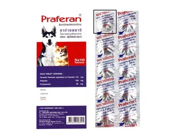 10 Praferan Dewormer Wormer Tapeworm Roundworm for dogs/cats 1TAB/10KG,22LB EXP2025