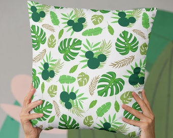 Hawaiian Mickey Throw Pillow, Disney Tropical Pillow, Mickey Cushion, Disney Summer Decor, Minnie Pillow, Home Decor, Palm Leaves, Green