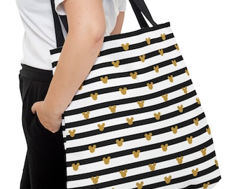 Svart och guldfärgad Musse Pigg-tygväska, Disney bokväska, Disney shoppingväska, Disney-väska, Musse Pigg-väska, Disney-semester, Mimmi Pigg-väska