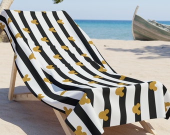 Black and Gold Mickey Beach Towel, Disney Towel, Mickey Mouse Beach Accessories, Disney Pool Towel, Minnie Towel, Mickey B&W Towel, Stripes