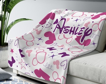 Cobertor personalizado com orelhas da Minnie, cobertor com laços roxos, lance do Mickey, decoração da casa da Disney, cobertor de lã, acessórios para casa, ideias para presentes