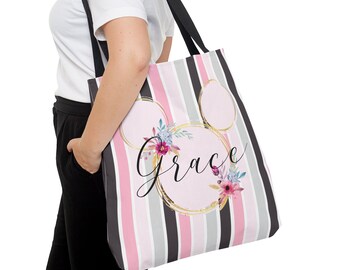 Striped Disney Canvas Tote Bag, Minnie Ears Bag, Minnie Tote Bag, Disney Shopping Bag, Disney Gift, Custom Bag, Personalized Bag, Park Bag